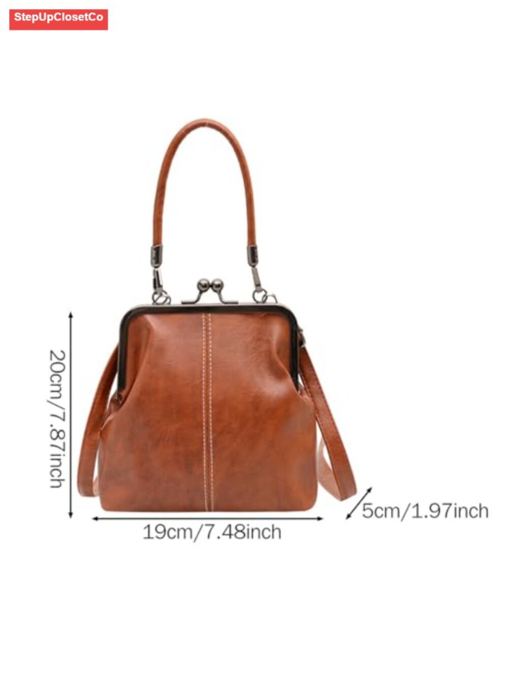 Retro Kiss Lock Crossbody Bag PU Leather Tote Handbag - Picture 5 of 6